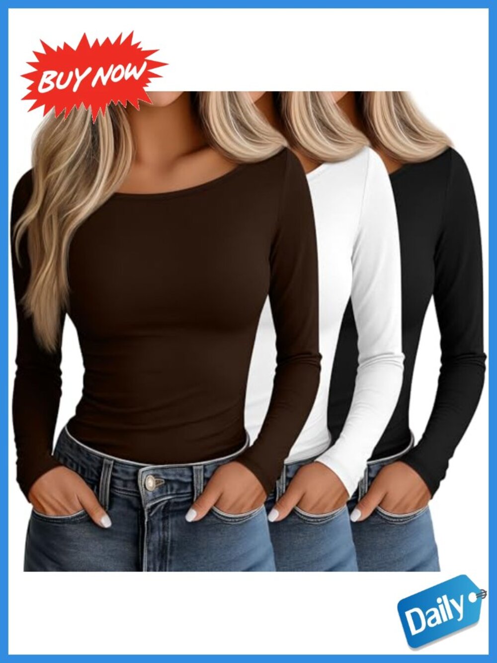 Women's Long Sleeve Boat Neck Tight Tops 3 Pack Basic Undershirt